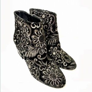 Aldo Black Boots+Gold Floral Sequins Embroidered